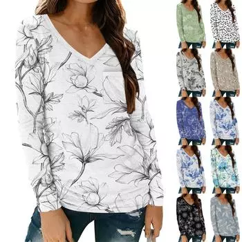 Женская мода повседневная футболка с длинным рукавом и V-образным вырезом с цветочным принтом и карманом XXXL хаки