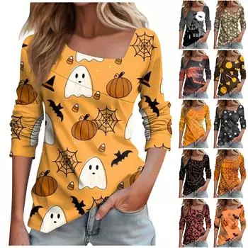 Женская мода повседневная футболка с длинным рукавом и принтом Хэллоуина, косой вырез XXXXL серый