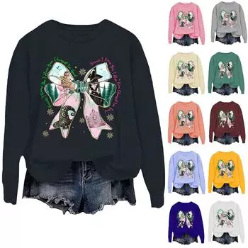 Женская мода повседневная футболка с длинным рукавом с принтом ведьмы и круглым вырезом L бежевый