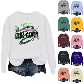 Женская мода повседневная футболка с длинным рукавом с принтом ведьмы и круглым вырезом M бежевый