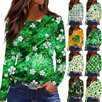 Женская мода повседневная футболка с длинным рукавом и круглым вырезом, свободный принтованный пуловер XL