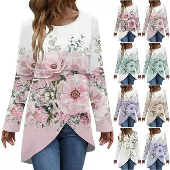 Женская мода повседневная футболка с длинным рукавом и круглым вырезом с цветочным принтом/листьями и перекрестным подолом L циан