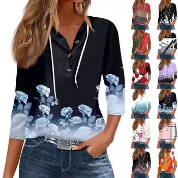 Женская мода, повседневная футболка с капюшоном и принтом, с семью разрезами на рукавах и пуговицами L чёрный