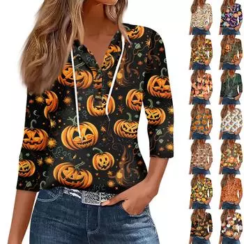 Женская мода, повседневная футболка с капюшоном и принтом на Хэллоуин, семь рукавов, на пуговицах XXL синий