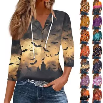 Женская мода, повседневная футболка с капюшоном и принтом на Хэллоуин, семь рукавов, на пуговицах XL