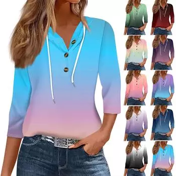 Женская мода, повседневная футболка с капюшоном и принтом, с семью разрезами на рукавах и пуговицами L синий