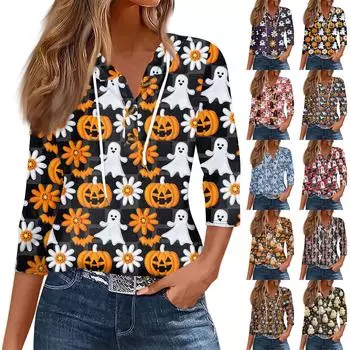 Женская мода, повседневная футболка с капюшоном и принтом на Хэллоуин, семь рукавов, на пуговицах M имбирный