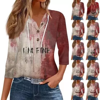 Женская мода, повседневная футболка с капюшоном и принтом на Хэллоуин, семь рукавов, на пуговицах XXXL разноцветный