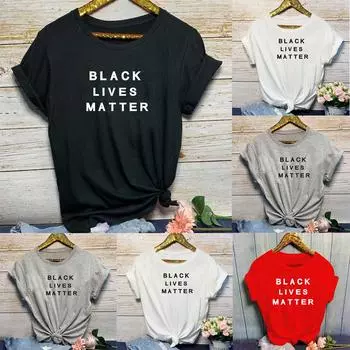 Женская мода Повседневная футболка с коротким рукавом с буквенным принтом Топ Блузки L чёрный