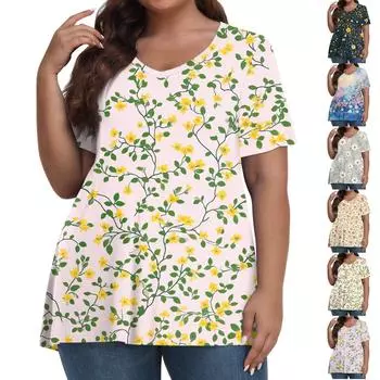Женская мода повседневная футболка с коротким рукавом и V-образным вырезом большого размера с принтом XL