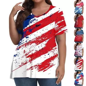 Женская мода повседневная футболка с коротким рукавом и V-образным вырезом большого размера с принтом L синий