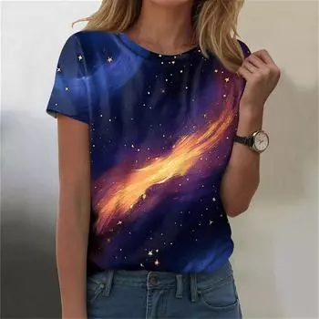 Женская мода повседневная футболка с круглым вырезом и короткими рукавами с принтом неба L синий