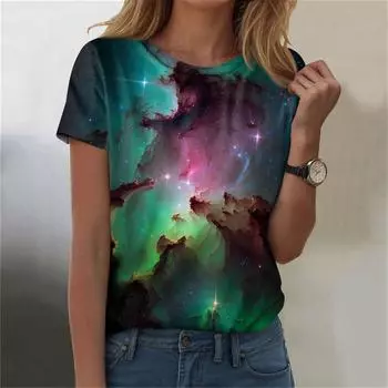 Женская мода повседневная футболка с круглым вырезом и короткими рукавами с принтом неба L армия зеленый