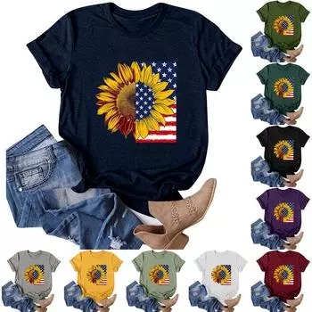 Женская мода, повседневная футболка с круглым вырезом и принтом ко Дню независимости, футболка с короткими рукавами, топ L