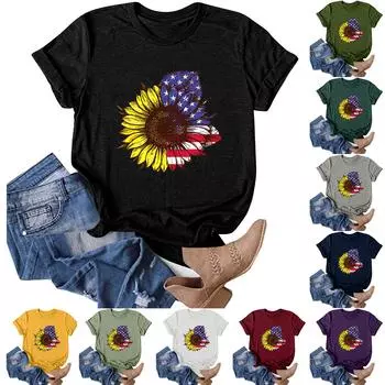 Женская мода, повседневная футболка с круглым вырезом и принтом ко Дню независимости, футболка с короткими рукавами, топ L
