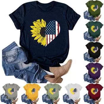 Женская мода, повседневная футболка с круглым вырезом и принтом ко Дню независимости, футболка с короткими рукавами, топ L