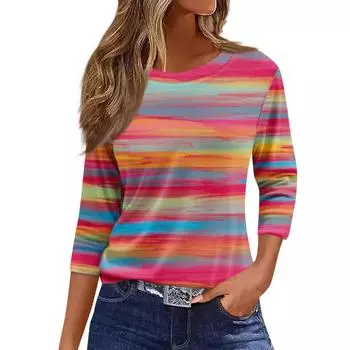 Женская мода повседневная футболка с круглым вырезом и рукавом 3/4, свободная футболка с принтом, женские топы, нарядные топы для женщин, модные женские летние топы S