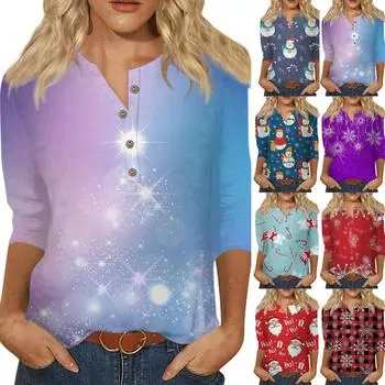 Женская мода повседневная футболка с круглым вырезом и рукавом 3/4 на пуговицах с рождественским принтом, женская футболка XXXL красный