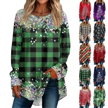 Женская мода повседневная футболка с круглым вырезом и рождественским принтом на плечах с длинными рукавами L