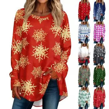 Женская мода повседневная футболка с круглым вырезом и рождественским принтом на плечах с длинными рукавами XXXL
