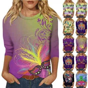 Женская мода повседневная футболка с круглым вырезом и рукавом 3/4 свободная карнавальная принтованная женская футболка S чёрный