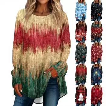 Женская мода повседневная футболка с круглым вырезом и рождественским принтом на плечах с длинными рукавами L