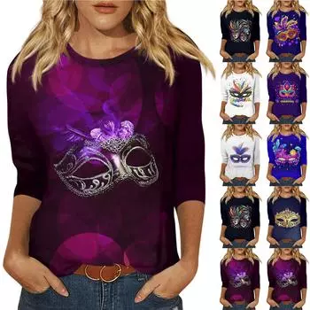 Женская мода повседневная футболка с круглым вырезом и рукавом 3/4 свободная карнавальная принтованная женская футболка XXL синий