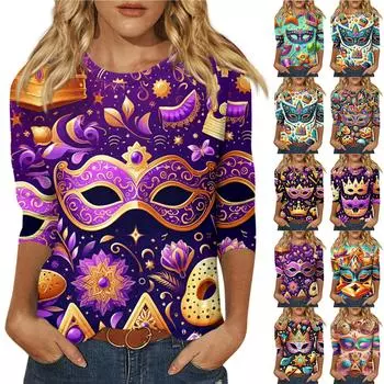 Женская мода повседневная футболка с круглым вырезом и рукавом 3/4 свободная карнавальная принтованная женская футболка XXXL