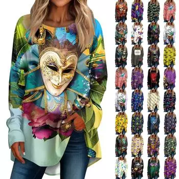 Женская мода повседневная футболка с круглым вырезом и принтом на плечах с длинными рукавами M циан