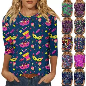Женская мода повседневная футболка с круглым вырезом и рукавом 3/4 свободная карнавальная принтованная женская футболка XL синий