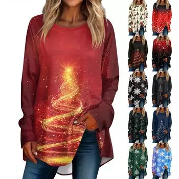 Женская мода повседневная футболка с круглым вырезом и рождественским принтом на плечах с длинными рукавами XXXL