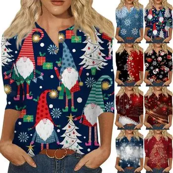 Женская мода повседневная футболка с круглым вырезом и рукавом 3/4 на пуговицах с рождественским принтом, женская футболка L розовый