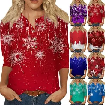 Женская мода повседневная футболка с круглым вырезом и рукавом 3/4 на пуговицах с рождественским принтом, женская футболка L