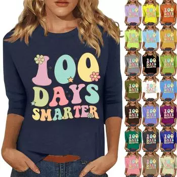 Женская мода повседневная футболка с круглым вырезом и рукавом семь четвертей с принтом в честь 100-дневной годовщины школы L армия зеленый
