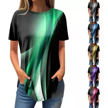 Женская мода, повседневная футболка с круглым вырезом и принтом, пуловер с короткими рукавами, топ L синий