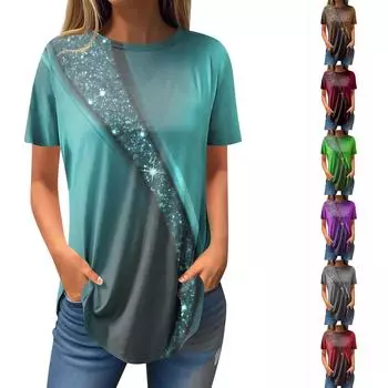 Женская мода, повседневная футболка с круглым вырезом и принтом, пуловер с короткими рукавами, топ L кофейный