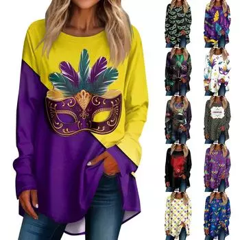 Женская мода повседневная футболка с круглым вырезом и принтом на плечах с длинными рукавами XXXL