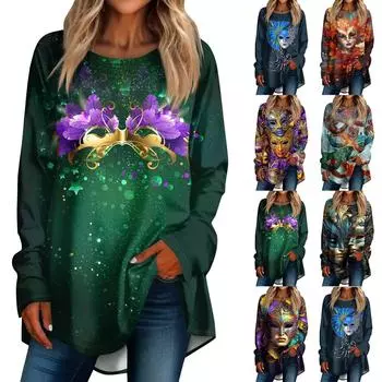 Женская мода повседневная футболка с круглым вырезом и принтом на плечах с длинными рукавами XL