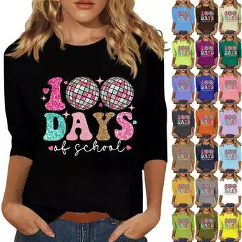 Женская мода повседневная футболка с круглым вырезом и рукавом семь четвертей с принтом в честь 100-дневной годовщины школы XXXL бежевый