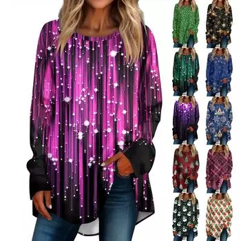 Женская мода повседневная футболка с круглым вырезом и рождественским принтом на плечах с длинными рукавами XL чёрный