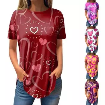 Женская мода повседневная футболка с круглым вырезом и коротким рукавом с принтом ко Дню святого Валентина L