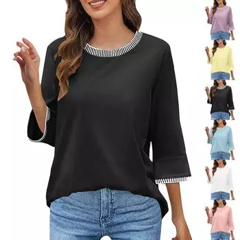 Женская мода повседневная футболка с круглым вырезом и расклешенными рукавами Seven Points L чёрный