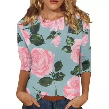 Женская мода повседневная футболка с круглым вырезом и рукавом три четверти с принтом, летняя одежда для женщин, корейская популярная одежда S