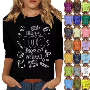 Женская мода повседневная футболка с круглым вырезом и рукавом семь четвертей с принтом в честь 100-дневной годовщины школы XL коричневый