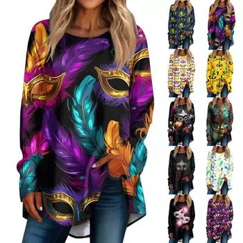 Женская мода повседневная футболка с круглым вырезом и принтом на плечах с длинными рукавами XL