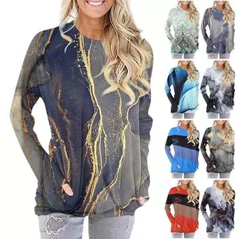 Женская мода повседневная футболка с круглым вырезом и длинным рукавом с карманом и принтом Топ S