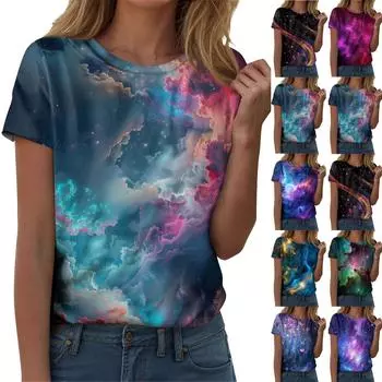 Женская мода повседневная футболка с круглым вырезом и короткими рукавами с принтом неба XXL