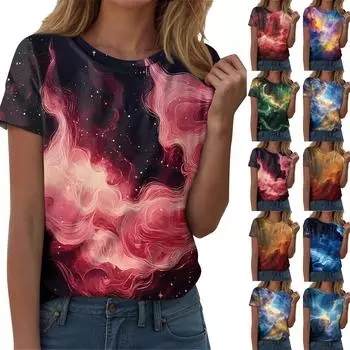Женская мода повседневная футболка с круглым вырезом и короткими рукавами с принтом неба L