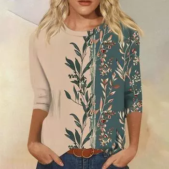 Женская мода повседневная футболка с круглым вырезом и длинным рукавом с принтом Футболки женские S хаки