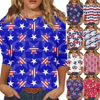 Женская мода повседневная футболка с круглым вырезом и рукавом 3/4 свободная женская футболка XXL синий